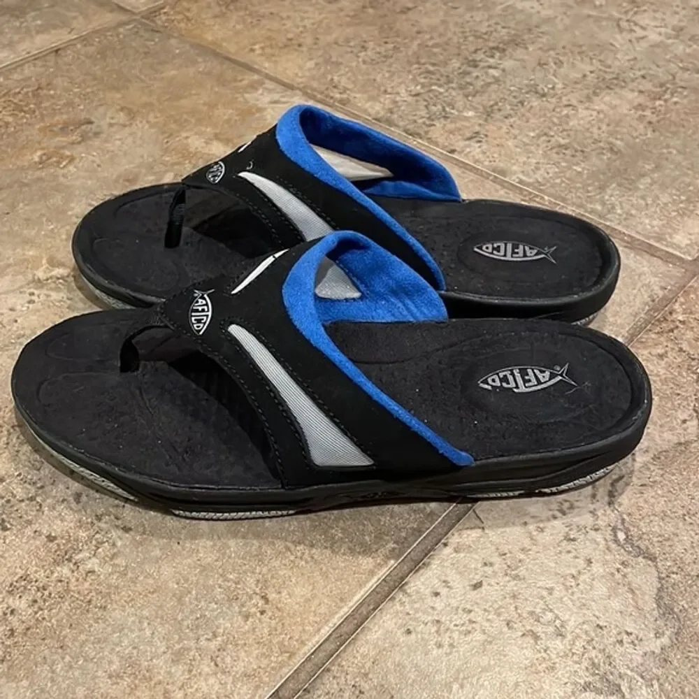 AFTCO Black & Blue Thong Angler Sandals Mens Size 7 Summer Travel Beach